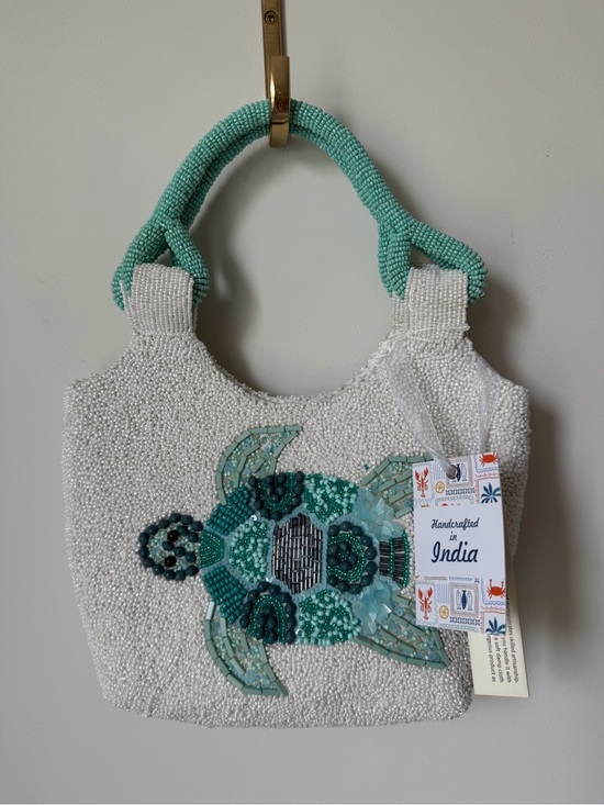 Handbags - Viral Beaded Sea Turtle Tote Bag in White and Aqua